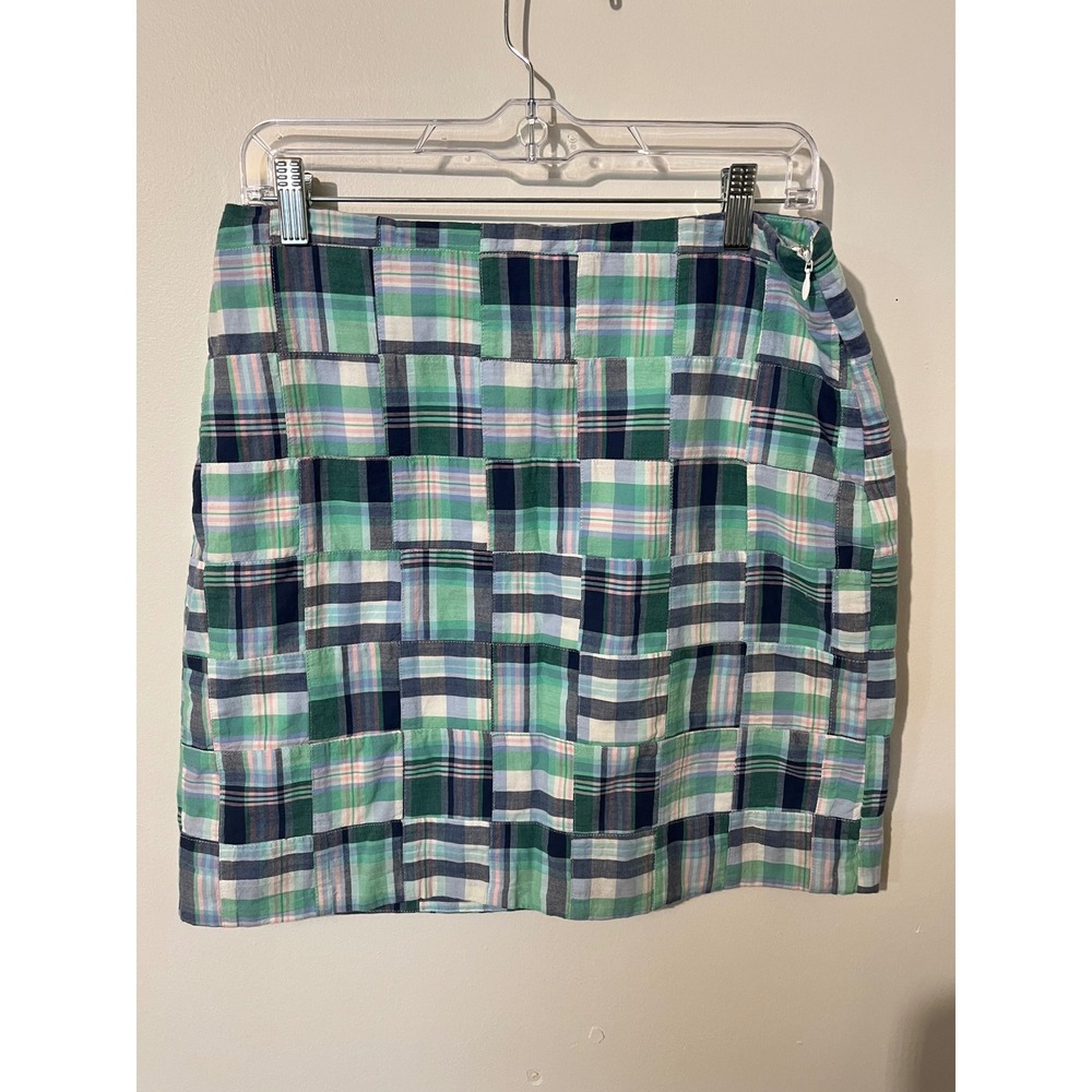 Talbots Petite Green Blue Plaid Patchwork Mini Skirt 8P Madras Preppy Side Zip